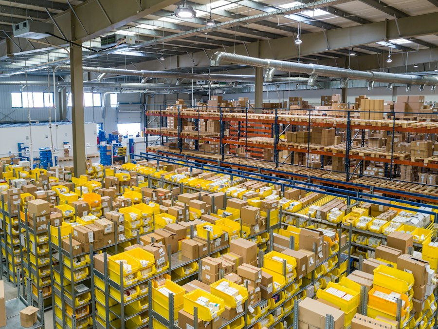 Warehouse inventory shelves and stocked products